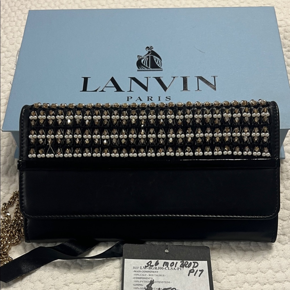 Lanvin Black Clutch with Beaded & Pearl Accents. Removable Cross Body Chain.